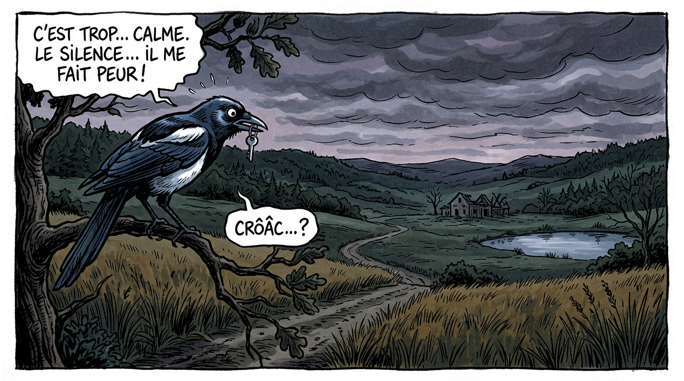 A magpie holding a key in its beak sits on a tree branch overlooking a dark, cloudy rural scene with a pond and abandoned houses.
