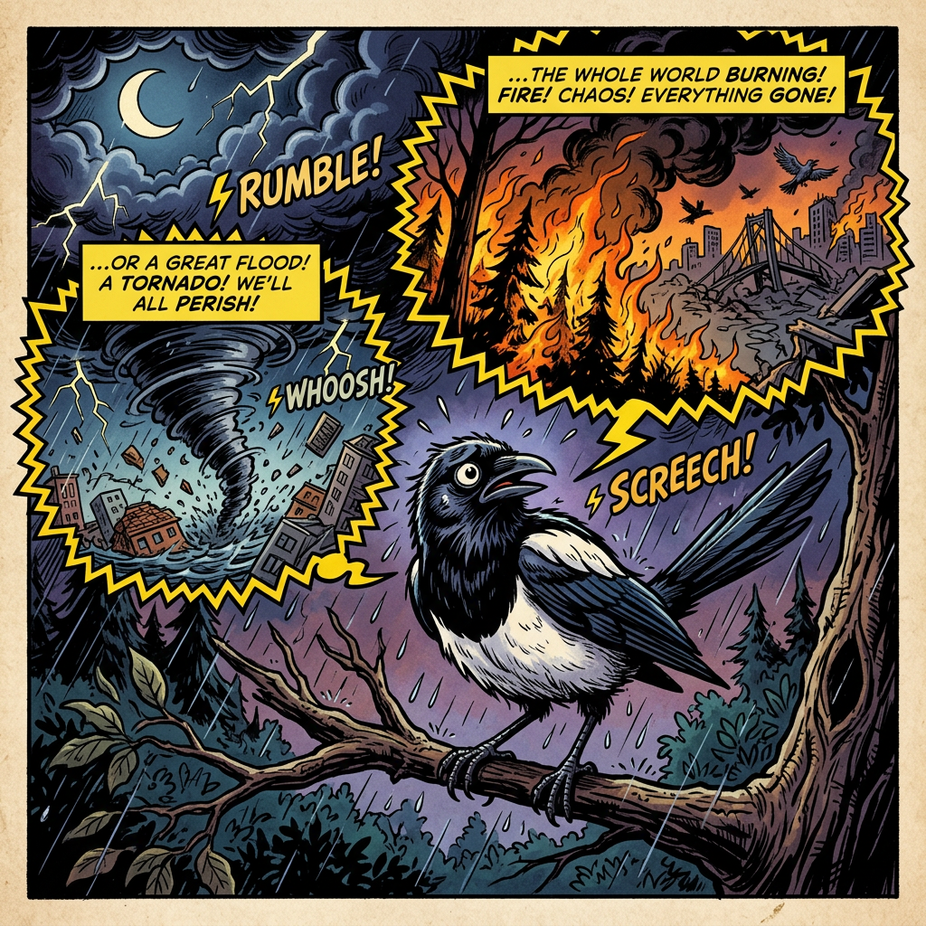 Magpie on branch with speech bubbles showing tornado and fire disasters