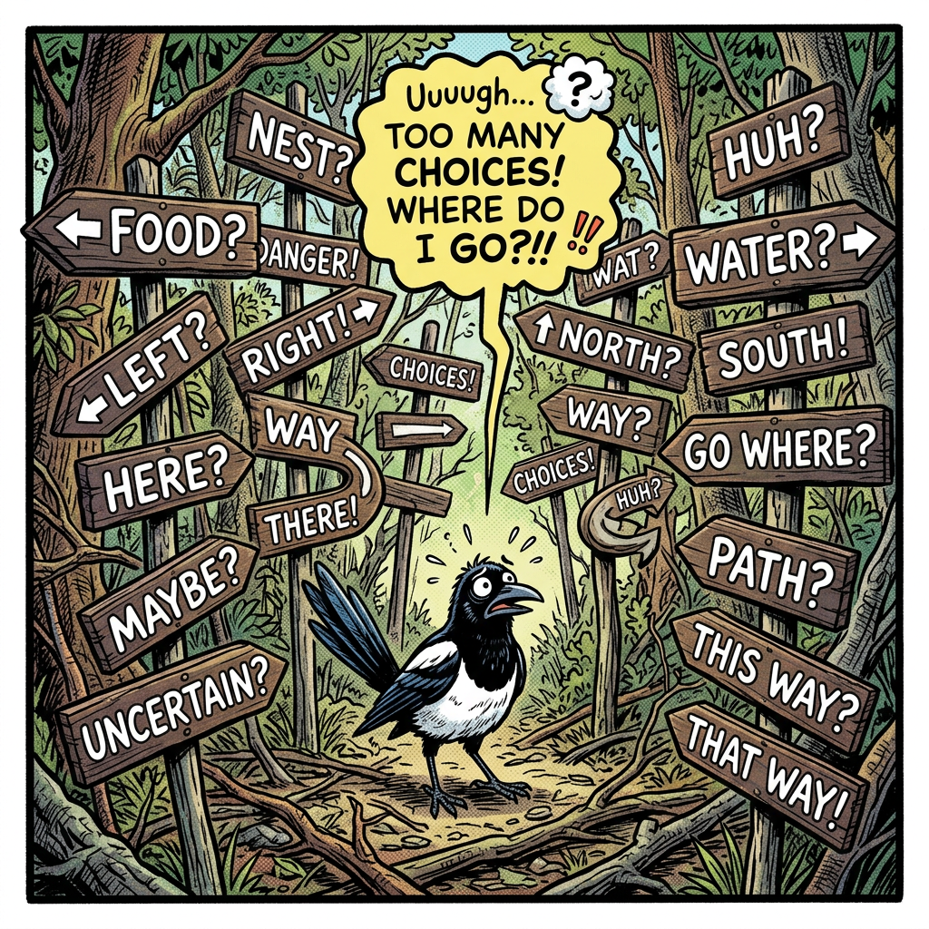 A bird looking overwhelmed at a forest crossroads with many confusing direction signs