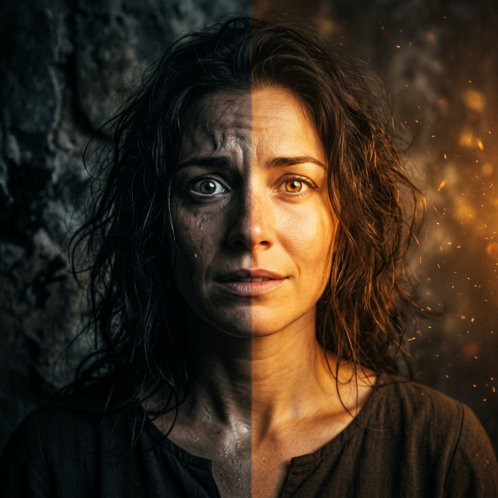 Split-face portrait of a woman expressing fear and calmness on either side