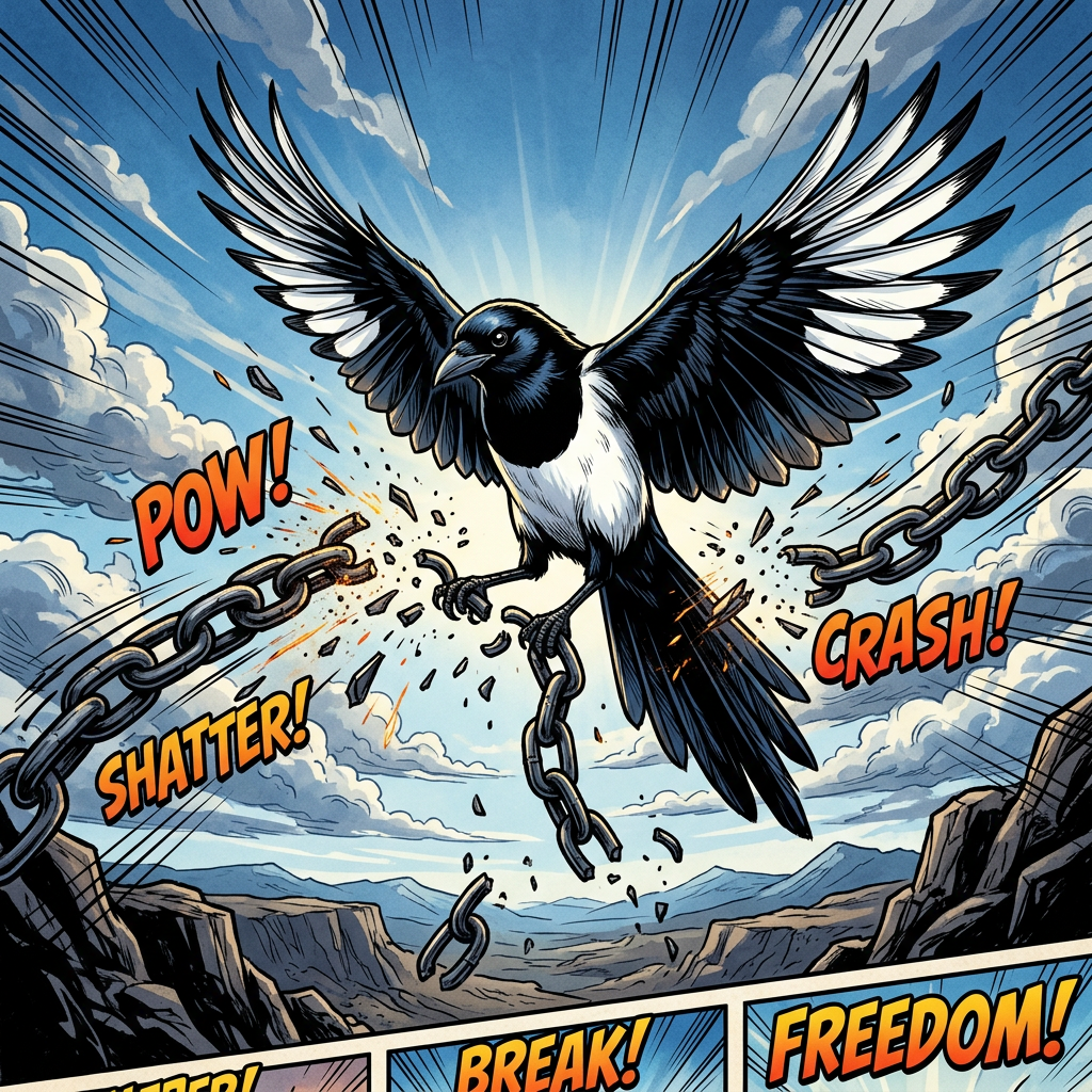 Magpie breaking chains with comic sound effects POW, SHATTER, CRASH, BREAK, FREEDOM