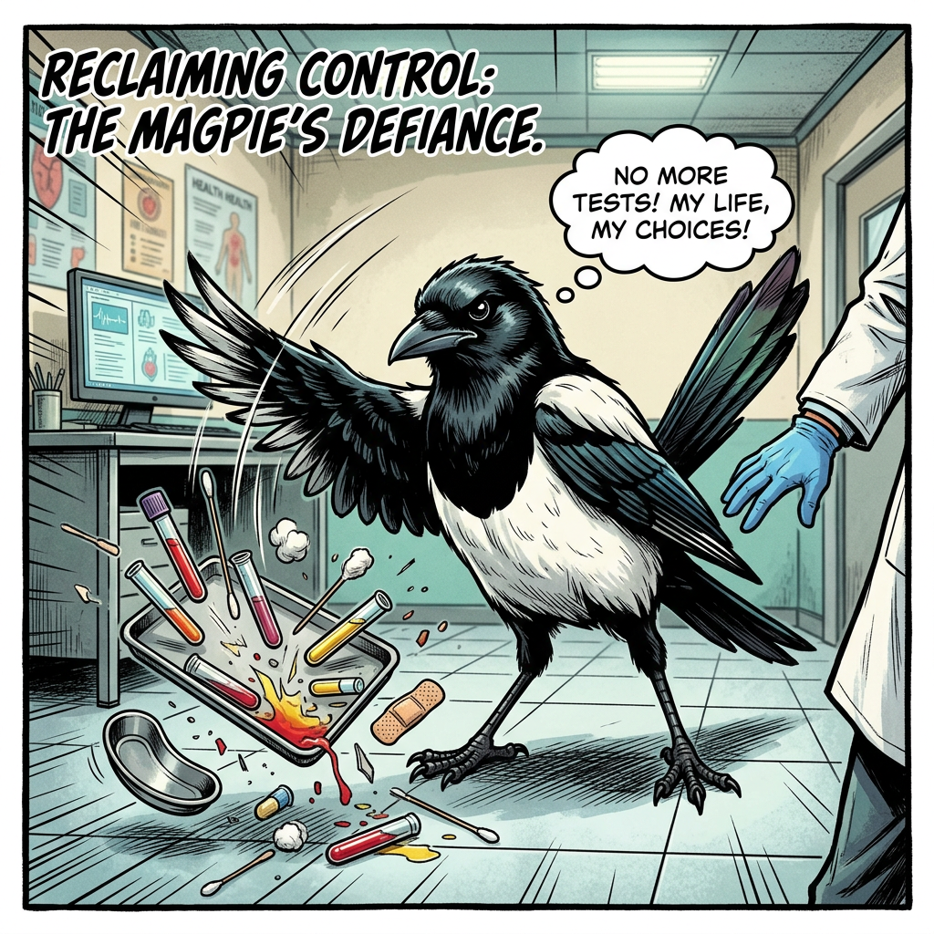 Magpie knocking over test tubes in a medical lab, rejecting tests.