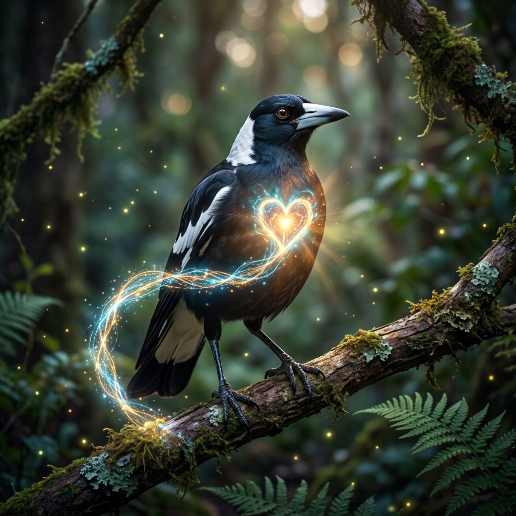 Black and white bird perched on branch with glowing heart-shaped light on chest
