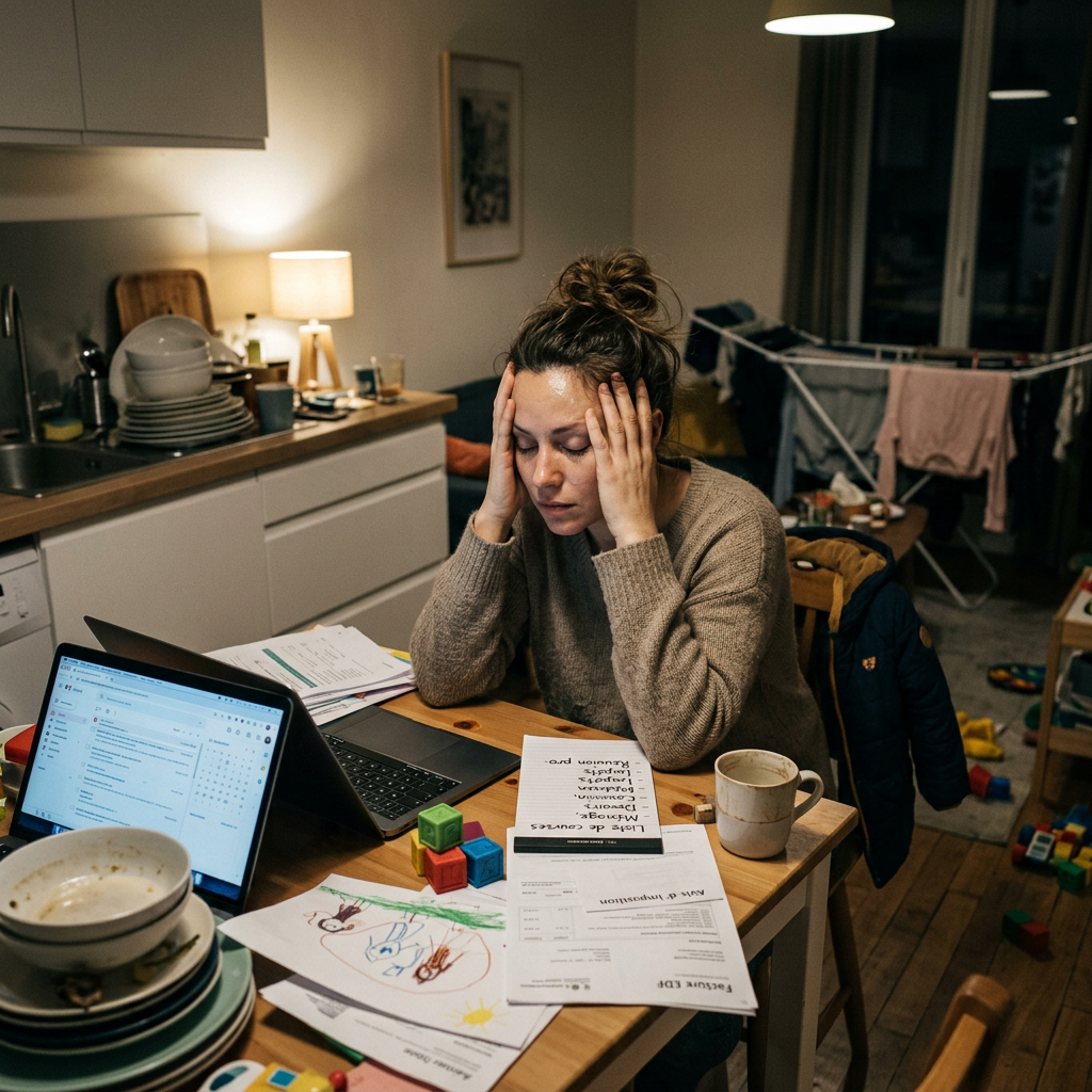 Woman sitting at a cluttered table with laptop, papers, and children's drawings, holding her head