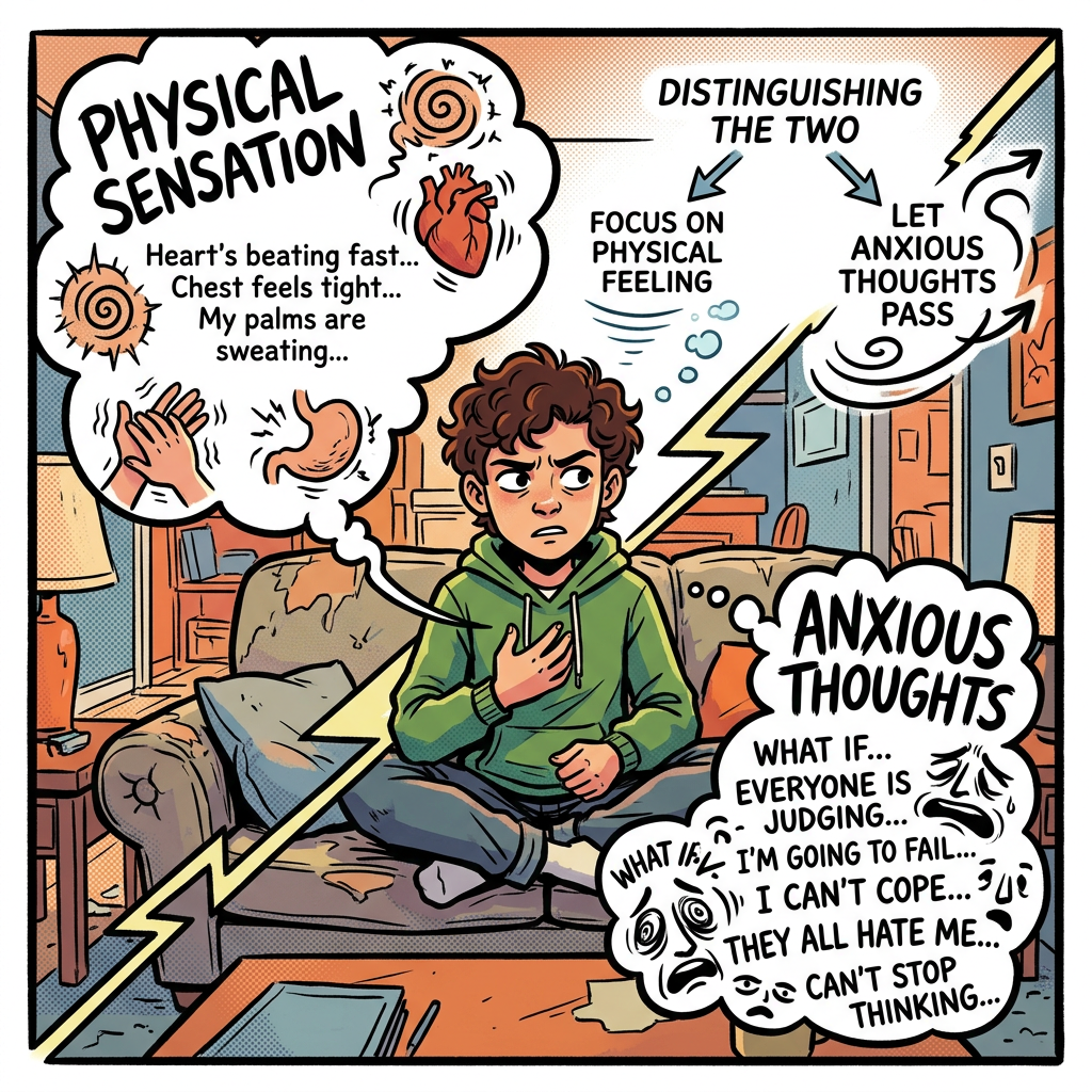 Person sitting on couch focusing on physical sensations and anxious thoughts