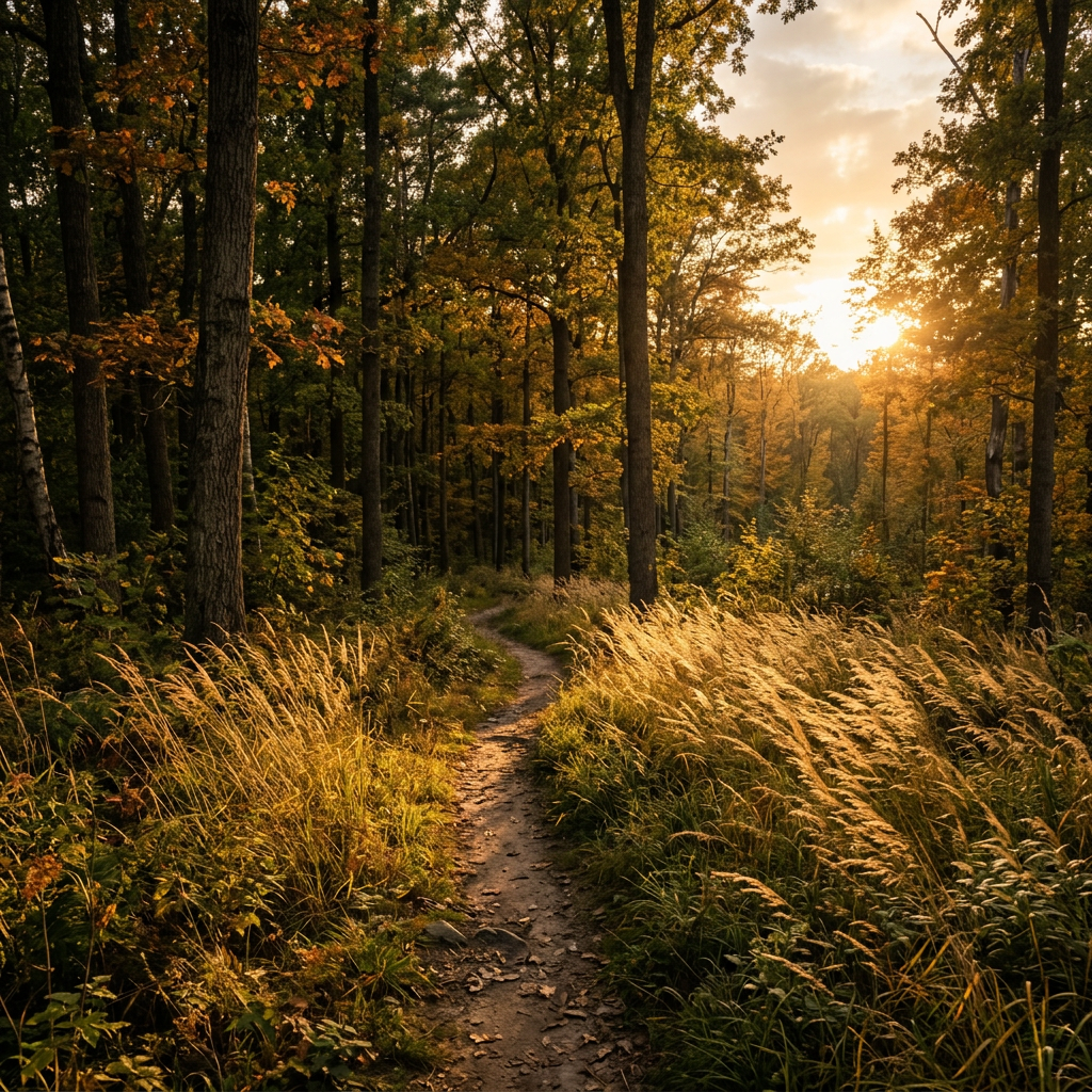 Narrow dirt path winding through tall grass and trees in an autumn forest at sunset